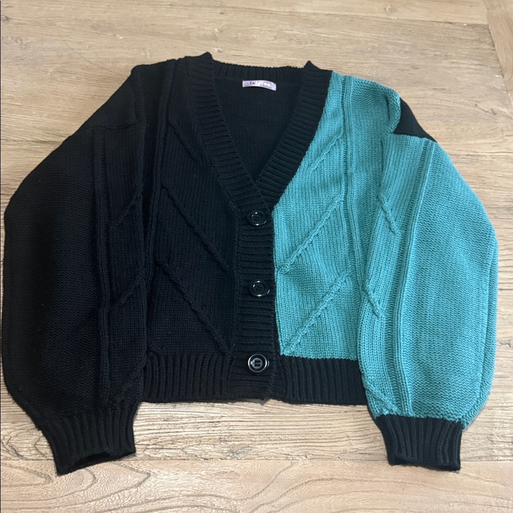Lalavon Black and Teal Knit Cardigan. Worn once